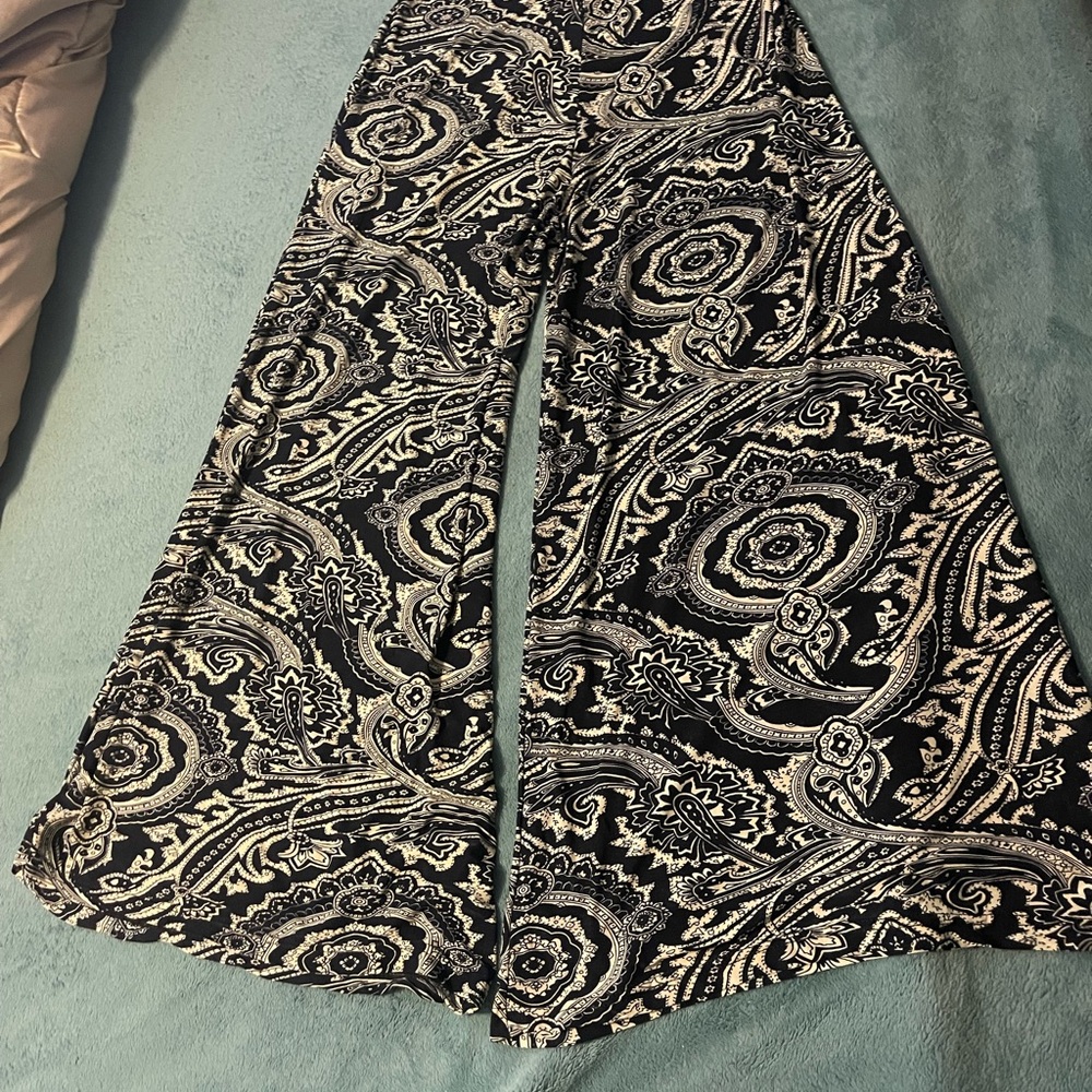 Navy Blue and White Paisley Wide-Leg Pants